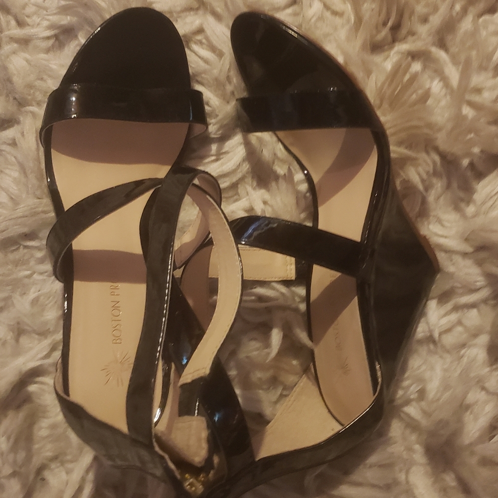 Black Patent Leather Criss Cross Wedge Sandal